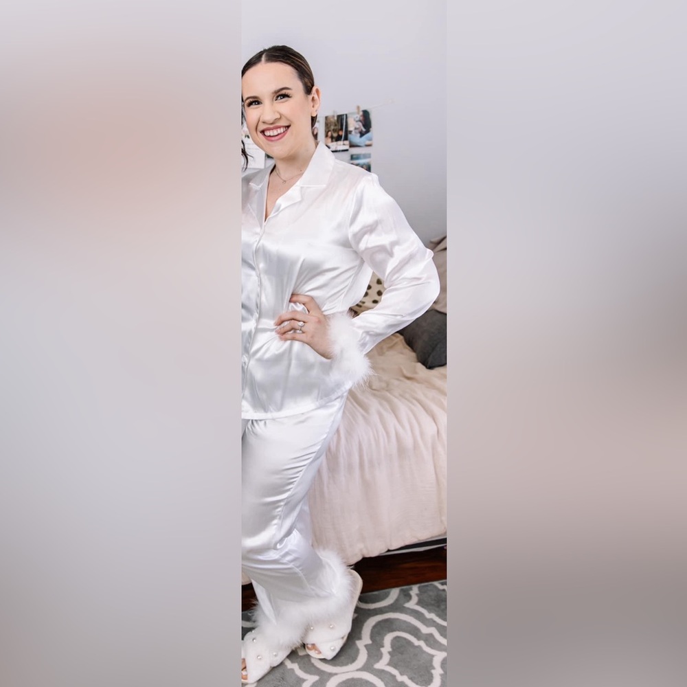 Linea Donatella white pajamas with feather cuffs (perfect bridal)